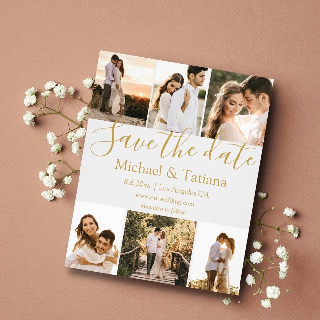 Flyer salvar la fecha 6 fotos collage boda dorado (Subido por el creador)