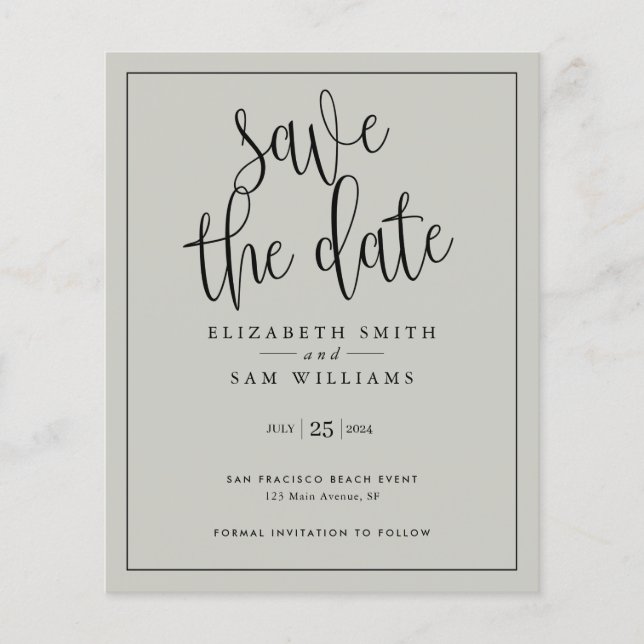 Flyer Save the Date Gray Elegant Simple Budget  (Frente)