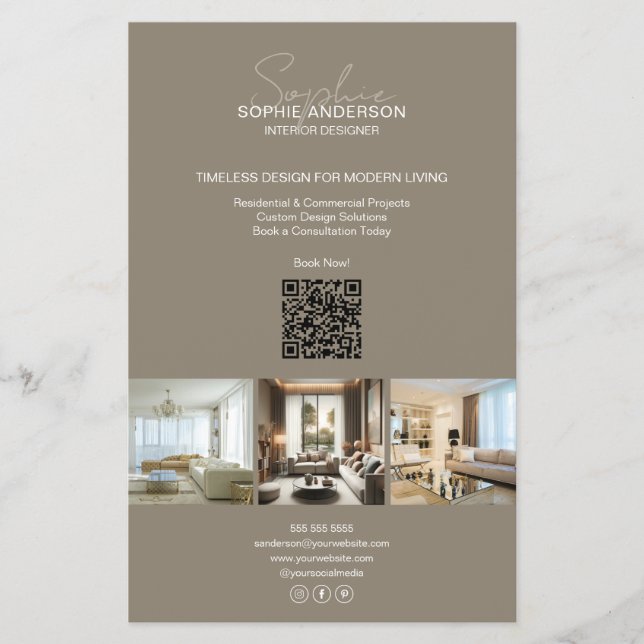 Flyer Script Moderno Foto QR Beige Profesional Empresari (Frente)