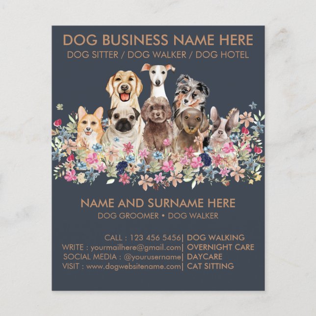 Flyer Servicio de cuidado de perros Navy y Brown Pet gro (Frente)