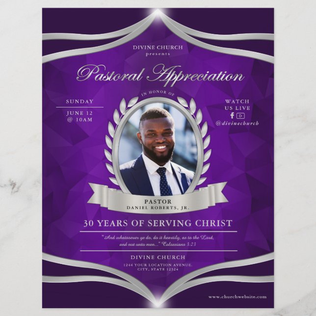 Flyer Servicio de Iglesia de Apreciación Púrpura Plata P (Frente)