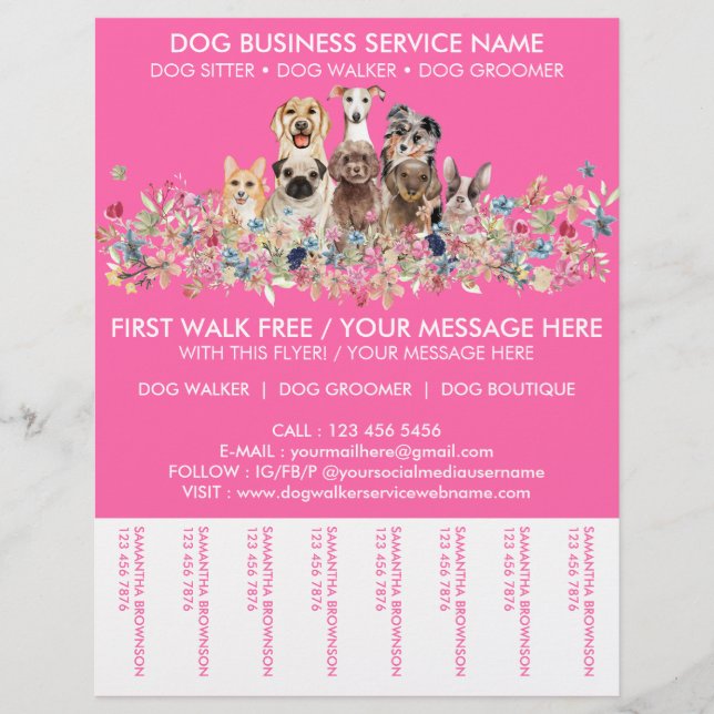 Flyer Servicio de paseador de perros Neon Pink Breeds (Frente)