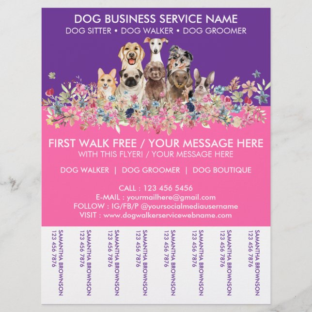 Flyer Servicio de paseo de perros de razas rosa neón púr (Frente)