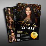 Flyer Servicio de salón de peluquería de oro moderno par<br><div class="desc">Promociona tu peluquería con este elegante y moderno volante. Con un sofisticado diseño negro y dorado, es perfecto para atraer nuevos clientes. El folleto incluye espacio para su logotipo, información de contacto y un código QR para una reserva sencilla. Haga una declaración con un diseño profesional que resalte sus servicios...</div>