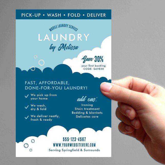 Flyer Servicio Moderno de Lavandería Móvil Marketing de  (Modern laundry service marketing flyer in blue and white with fully editable text & QR code)
