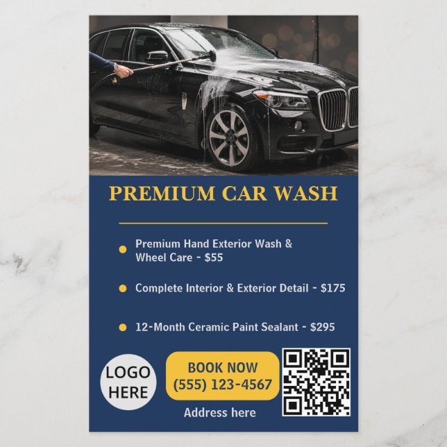 Flyer Servicio Profesional de Lavado de Autos Navy Gold (Frente)