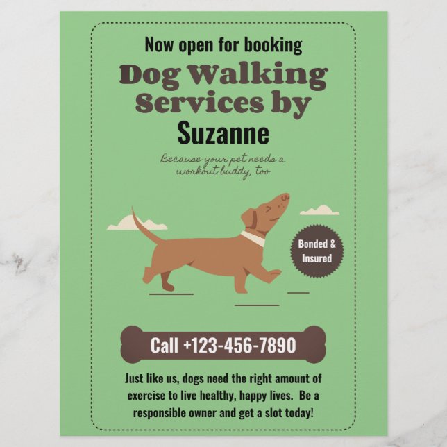 Flyer Servicios de caminatas de perros por Suzanne Dachs (Frente)