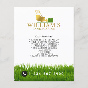 Flyer Servicios de corte de césped, logo dorado de cuida