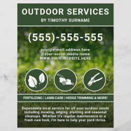 Flyer Servicios de jardinería Césped verde e iconos Trab