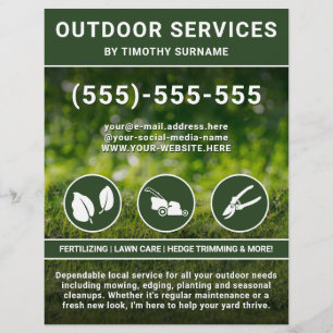 Flyer Servicios de jardinería Césped verde e iconos Trab