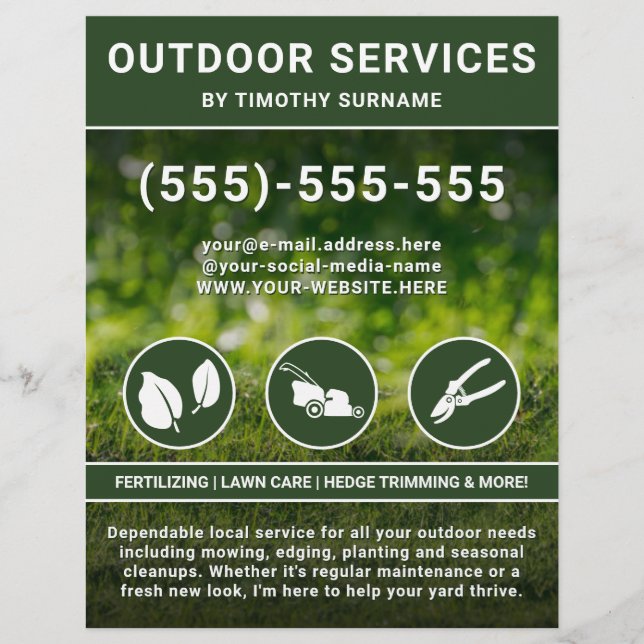 Flyer Servicios de jardinería Césped verde e iconos Trab (Frente)