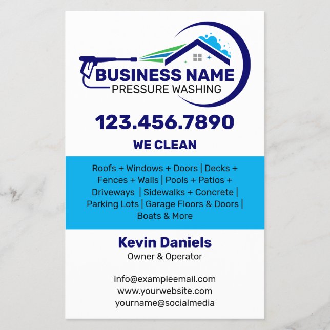 Flyer Servicios de lavado a presión Blanco y Azul (Frente)