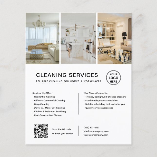 Flyer Servicios de Limpieza Blanca Moderna QR Negocio (Frente)