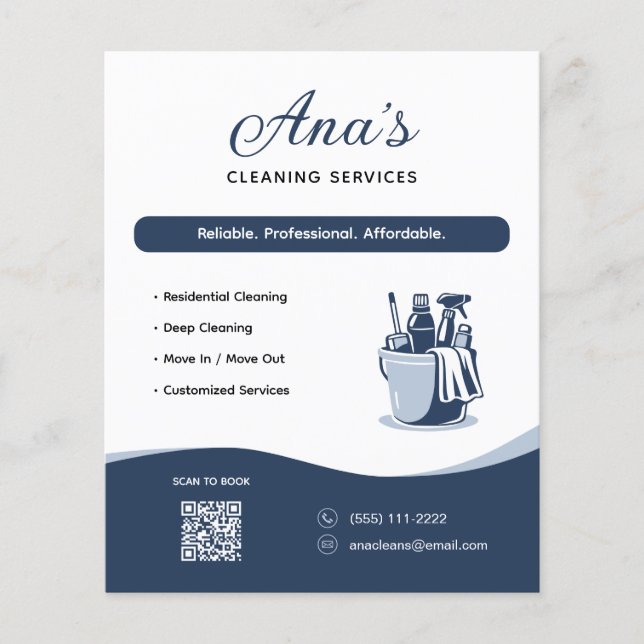 Flyer Servicios de limpieza Código QR azul de limpieza d (Frente)