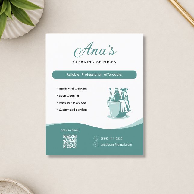 Flyer Servicios de limpieza Código QR verde azulado (Cleaning Services Housekeeping Teal QR Code Flyer)