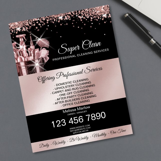 Flyer Servicios de limpieza de casas (rose gold glitter bucket with house cleaning tools)