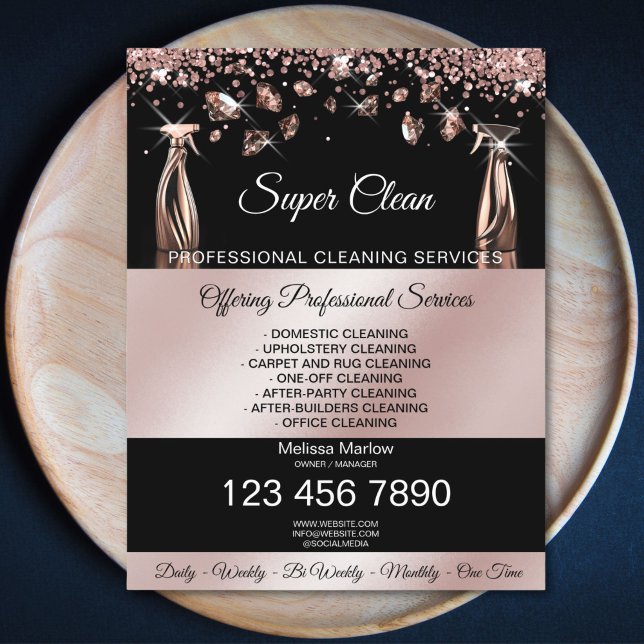 Flyer Servicios de limpieza de casas y limpieza de hogar (rose gold house cleaning spray bottles spraying diamonds)