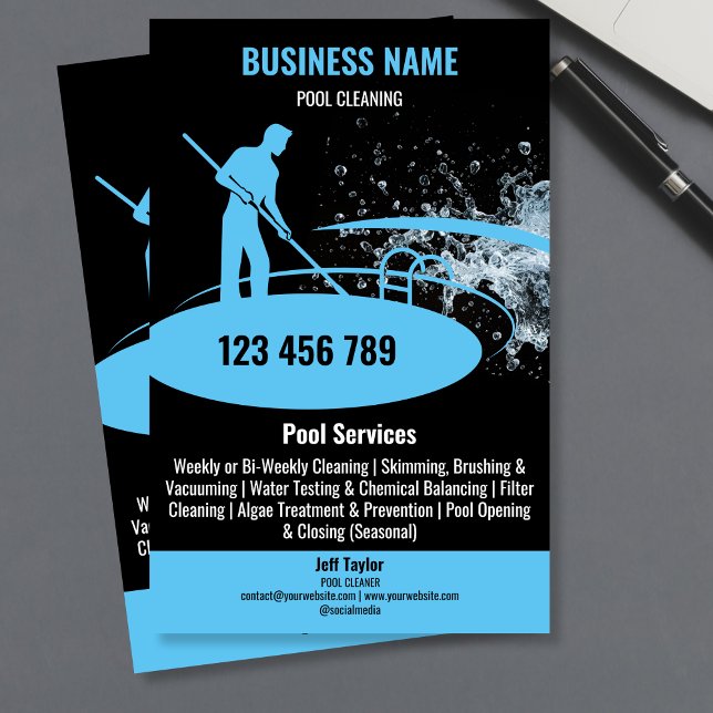 Flyer Servicios de limpieza de piscinas Mantenimiento y  (pool guy cleaning swimming pool logo, blue on black background)