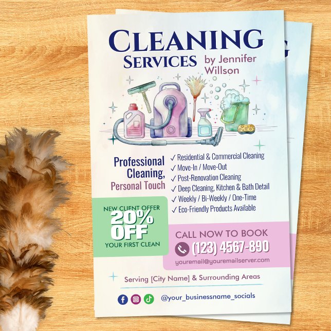 Flyer Servicios de limpieza - Ilustración en acuarela (Subido por el creador)