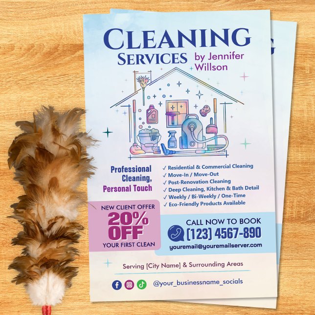 Flyer Servicios de limpieza - Ilustración en acuarela (Subido por el creador)