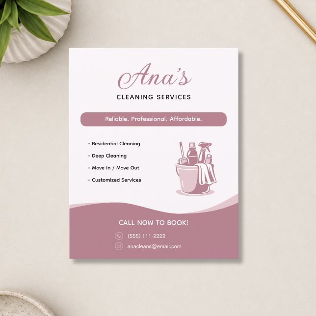 Flyer Servicios de limpieza Limpieza de la casa Rosa Pro (Cleaning Services Housekeeping Rose Promotional Flyer)