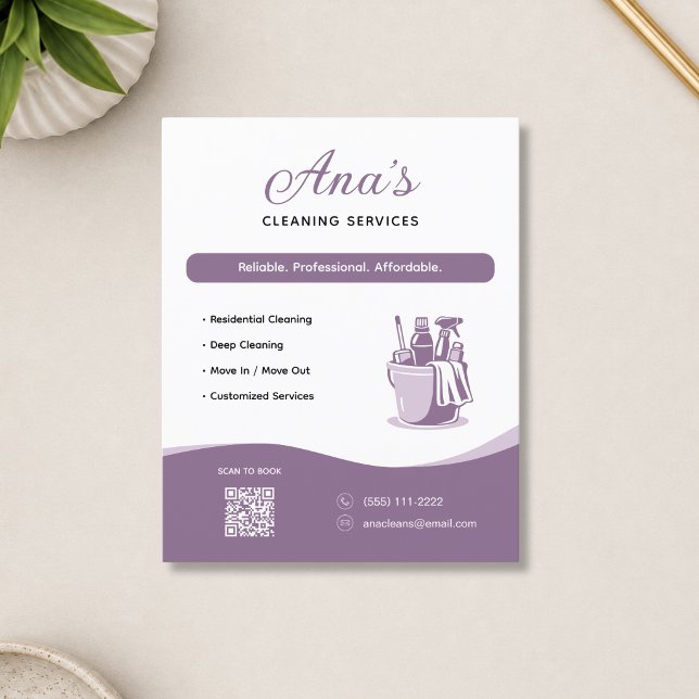 Flyer Servicios de limpieza Limpieza doméstica Código QR (Cleaning Services Housekeeping Mauve QR Code Flyer)