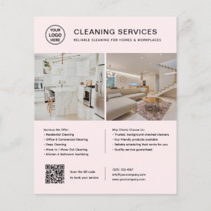 Flyer Servicios de Limpieza Logo Rosa Foto Código QR