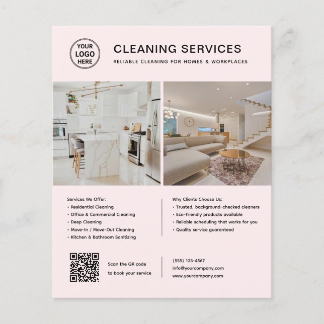 Flyer Servicios de Limpieza Logo Rosa Foto Código QR (Frente)