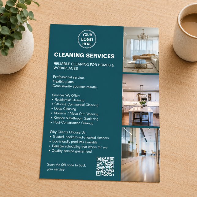 Flyer Servicios de Limpieza Logotipo Foto Azul QR (Cleaning Services Teal Photo Logo QR Flyer)