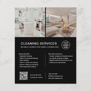 Flyer Servicios de limpieza minimalista Negocio QR Negro