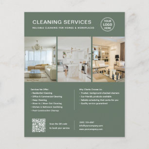 Flyer Servicios de limpieza Modern Sage Green QR Empresa