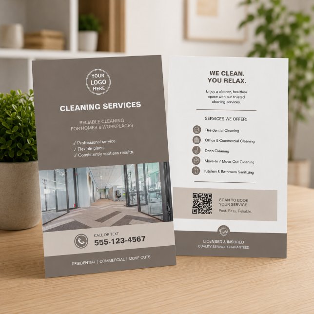 Flyer Servicios de limpieza Modern Taupe con QR  (Modern Taupe Cleaning Services with QR Flyer)