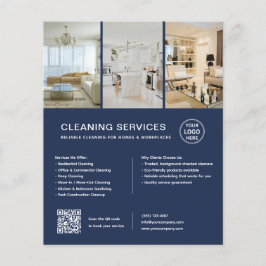 Flyer Servicios de Limpieza Modernos Azul Marino QR Nego