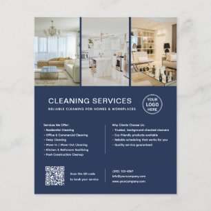 Flyer Servicios de Limpieza Modernos Azul Marino QR Nego