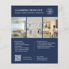 Flyer Servicios de limpieza modernos en azul marino QR E