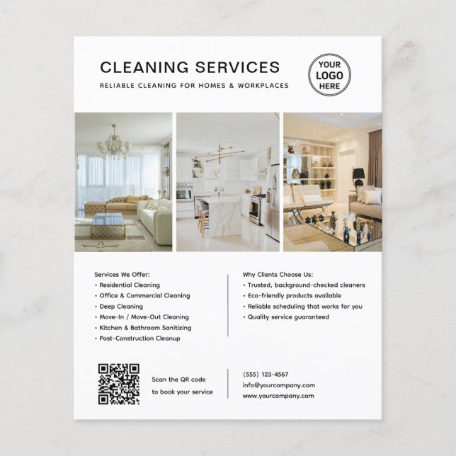 Flyer Servicios de limpieza modernos en blanco QR Empres (Frente)
