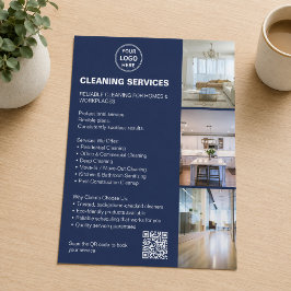 Flyer Servicios de limpieza Navy Blue Taupe Logo Foto QR