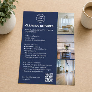 Flyer Servicios de limpieza Navy Blue Taupe Logo Foto QR