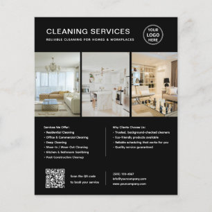 Flyer Servicios de Limpieza Negros Modernos QR Negocio