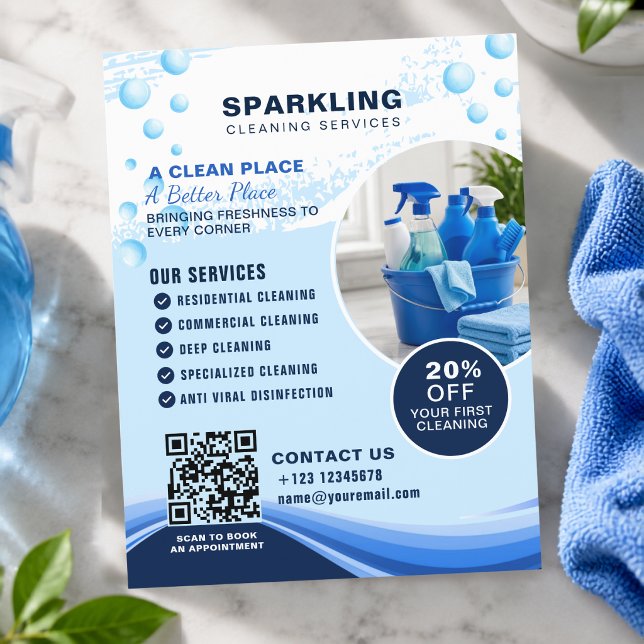 Flyer Servicios de limpieza profesionales modernos azul  (Subido por el creador)