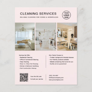 Flyer Servicios de Limpieza Rosa Moderno QR Empresarial