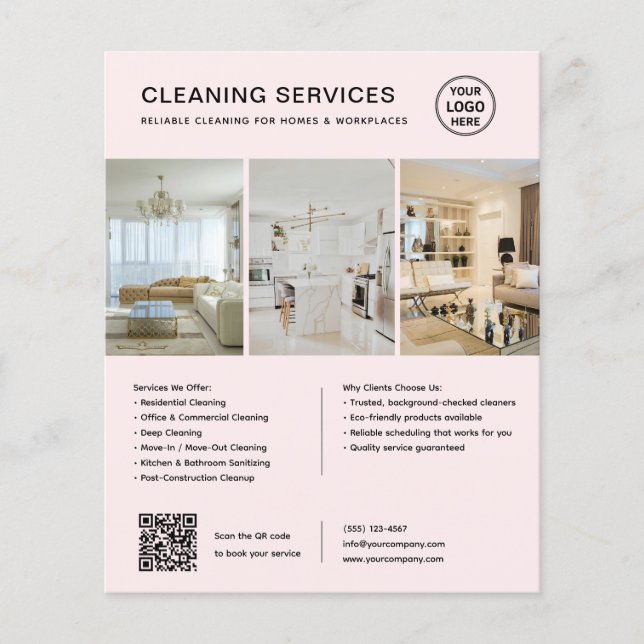 Flyer Servicios de Limpieza Rosa Moderno QR Empresarial (Frente)