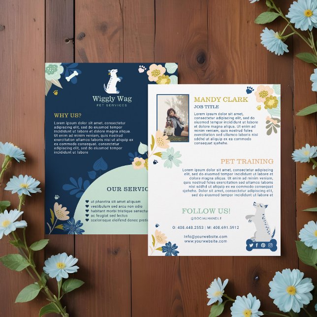 Flyer Servicios de Mascota de la Marina Botánica Cute Ha (Cute Happy Dog Floral Botanical Navy Pet Services Flyer)