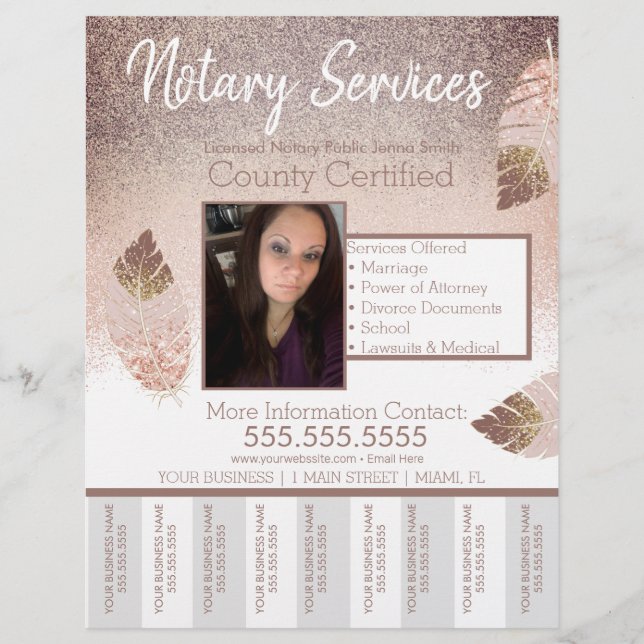 Flyer Servicios de Notaría Rosa Marrón Brillo Desgarrar  (Frente)