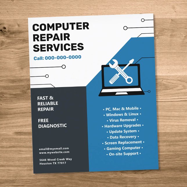 Flyer Servicios de reparación de computadoras Blue (Computer Repair Services Blue Flyer)