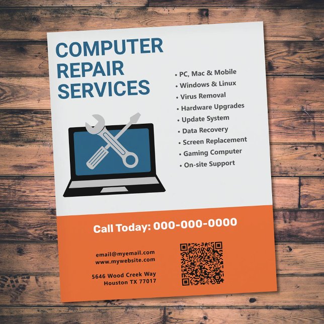 Flyer Servicios de Reparación de Computadoras Orange (Computer Repair Services Orange Flyer)
