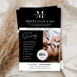 Flyer Servicios de Spa minimalista Comercialización<br><div class="desc">Volante minimalista de marketing de negocios con espacio para su monograma o logotipo, servicios, detalles de contacto y una foto del personalizado. Este salón de belleza profesional o folleto de comercialización del spa presenta un diseño moderno en blanco y negro y una tarjeta de descuento para atraer nuevos clientes. Una...</div>