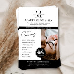 Flyer Servicios de Spa minimalista Comercialización<br><div class="desc">Volante minimalista de marketing de negocios con espacio para su monograma o logotipo, servicios, detalles de contacto y una foto del personalizado. Este salón de belleza profesional o folleto de comercialización del spa presenta un diseño moderno en blanco y negro y una tarjeta de descuento para atraer nuevos clientes. Una...</div>