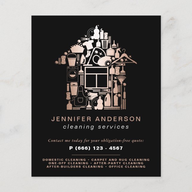 Flyer Servicios Modernos De Limpieza De Oro Y Negro Rosa (Frente)