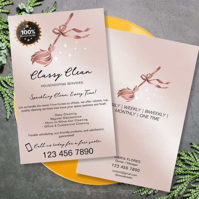 Flyer Servicios modernos de limpieza de Rosa de oro (rose gold broom with a bow cleaning services flyer)